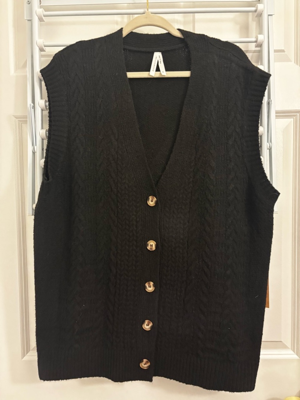 Black Cable Knit Button-Front Vest